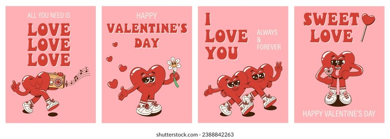 Happy Valentine's Day vintage templates of posters or greeting cards in retro groovy style. Cartoon romantic 60s, 70s vector illustrations with lovely hearts characters and text.