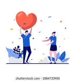 Happy valentine's day virtual concept with tiny character. People falling in love holding big heart above his head flat vector illustration. Can use for poster, card, web banner or landing page.