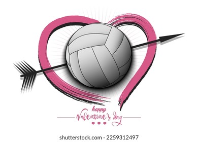 Happy Valentines Day. Volleyball ball, arrow and heart. Design pattern on the volleyballl theme for greeting card, logo, emblem, banner, poster, flyer, badges. Vector illustration