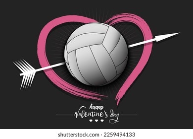 Happy Valentines Day. Volleyball ball, arrow and heart. Design pattern on the volleyballl theme for greeting card, logo, emblem, banner, poster, flyer, badges. Vector illustration