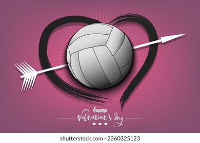Happy Valentines Day. Volleyball ball, arrow and heart. Design pattern on the volleyballl theme for greeting card, logo, emblem, banner, poster, flyer, badges. Vector illustration