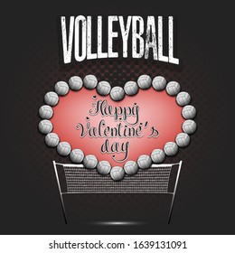 Happy Valentines Day. Volleyball balls located in the form of a heart and grid on an isolated background. Design pattern for greeting card, banner, poster, flyer, invitation. Vector illustration