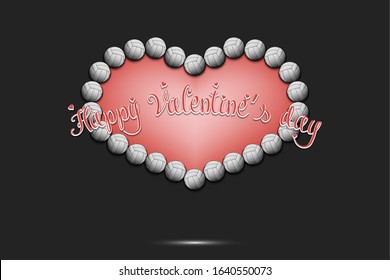 Happy Valentines Day. Volleyball balls located in the form of a heart on an isolated background. Design pattern for greeting card, banner, poster, flyer,  invitation party. Vector illustration