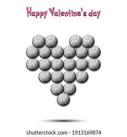 Happy Valentines Day. Volleyball balls located in the form of a heart. Design pattern on the volleyball theme for greeting card, logo, emblem, banner, poster, flyer, badges. Vector illustration