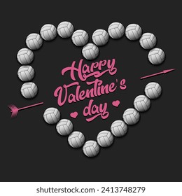 Happy Valentines Day. Volleyball balls laid out in the shape of the heart. Design pattern for greeting card, banner, poster, flyer, invitation party. Vector illustration on isolated background