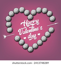 Happy Valentines Day. Volleyball balls laid out in the shape of the heart. Design pattern for greeting card, banner, poster, flyer, invitation party. Vector illustration on isolated background