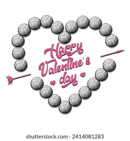 Happy Valentines Day. Volleyball balls laid out in the shape of the heart. Design pattern for greeting card, banner, poster, flyer, invitation party. Vector illustration on isolated background