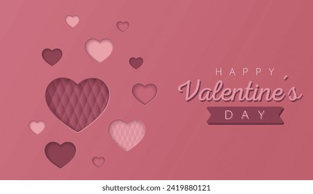 Happy Valentine's day wallpaper or banner with hearts. Beautiful paper cut heart frame on rose background. Vector illustration for cosmetic product display, valentine day festival design, presentation
