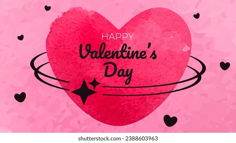 Happy Valentine's day watercolor background with heart and y2k aesthetics elements. Trendy vector illustration in pink palette for banner, poster or greeting card.