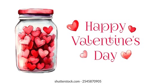 Happy Valentine's Day watercolor banner. Cute Valentine's Day banner with and glass transparent jar filled with hearts. Concept of love and feelings. Vector illustration.