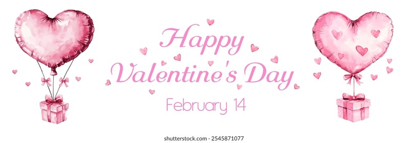 Happy Valentine's Day watercolor banner. Heart shaped balloons with gift box in pink tones. Concept of romance and feelings. Watercolor Valentine's Day card. Vector illustration.