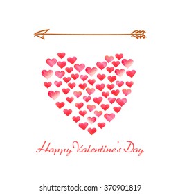 Happy Valentines Day. Watercolor, Colorful, Red, Romantic Hearts In Shape Of Heart On White Background With Arrow Above.