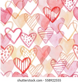 Happy Valentines Day watercolor hearts background vector illustration. Seamless pattern.