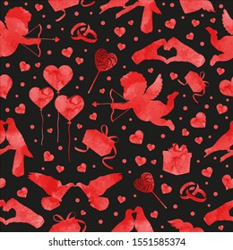 Happy Valentine's Day watercolor seamless pattern. Cute romance love background with cupid, heart, couple, pigeons. Vector illustration