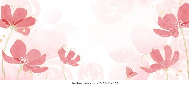 Happy Valentine's day watercolor vector background. Luxury flower wallpaper design with rose, wild flower, gold line, heart. Elegant botanical illustration suitable for greeting card, print, cover.