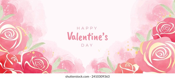 Happy Valentine's day watercolor vector background. Luxury flower wallpaper design with rose flower, golden texture. Elegant gold botanical illustration suitable for greeting card, print, cover.