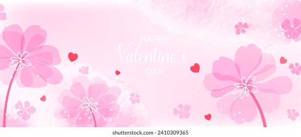 Happy Valentine's day watercolor vector background. Luxury flower wallpaper design with wild flower, line art , heart. Elegant botanical illustration suitable for greeting card, print, cover.