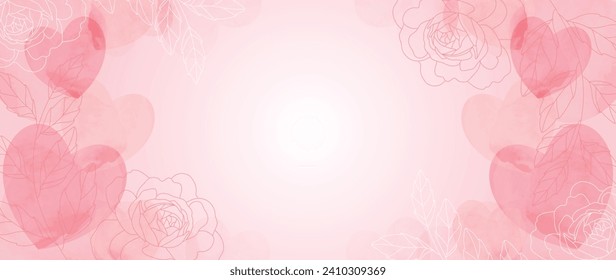 Happy Valentine's day watercolor vector background. Luxury flower wallpaper design with rose flower, line art, heart. Elegant botanical illustration suitable for greeting card, print, cover.