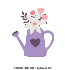 happy valentines day, watering can with flowers floral heart love celebration vector illustration