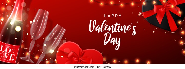 Happy Valentine's Day web banner. Vector illustration with shining lights garland, realistic glasses and bottle of champagne, gift boxes, sparkling golden confetti. Holiday background, festive card.