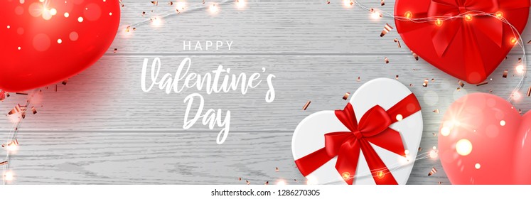 Happy Valentine's Day web banner  Vector illustration and shining lights garland  realistic gift boxes  air balloons   sparkling golden confetti wooden texture  Holiday card 