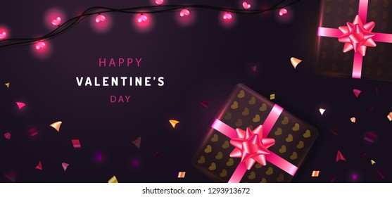 Happy Valentine's day web banner concept. Romantic template with shining pink lights hearts garland, realistic gift boxes and confetti. Vector illustration for greeting card, party posters, weddings