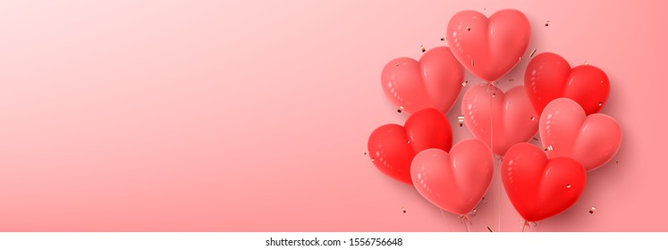 Happy Valentine's Day web banner. Vector illustration with realistic flying air balloons and falling down confetti on pink background.