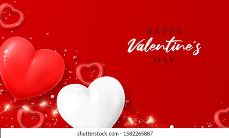 Happy Valentine's Day web banner. Vector illustration with realistic air balloons, sparkling light garland, red hearts and confetti on red background. Promo discount banner.