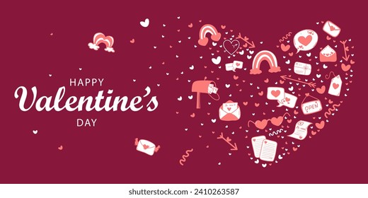 Happy Valentine's Day web banner on a pink background with different elements flying around the inscription, with a place for your text.