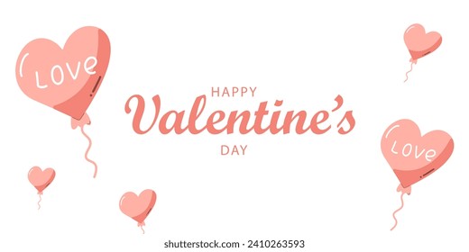 Happy Valentine's Day web banner on a white background with pink balls in the shape of a heart. Pink balls are flying in different directions.