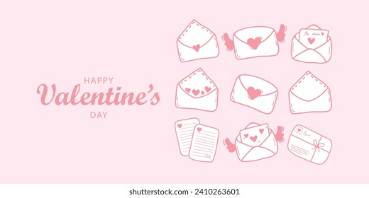 Happy Valentine's Day web banner on a pink background with a place for your text. Love letters and messages in the form of decorative elements