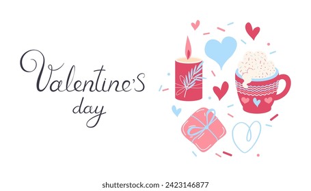 Happy Valentines day web banner. decorative elements of love. Festive lettering. Simple Horizontal Background postcard, congratulations, poster. Vector flat illustration.