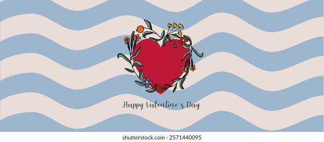 Happy Valentines Day web banner or header. Modern abstract art design with heart and flowers. Template for celebration, ads, branding, banner, cover, label, poster, sale