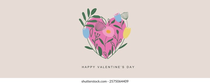 Happy Valentines Day web banner or header. Modern abstract art design with heart and flowers. Template for celebration, ads, branding, banner, cover, label, poster, sale