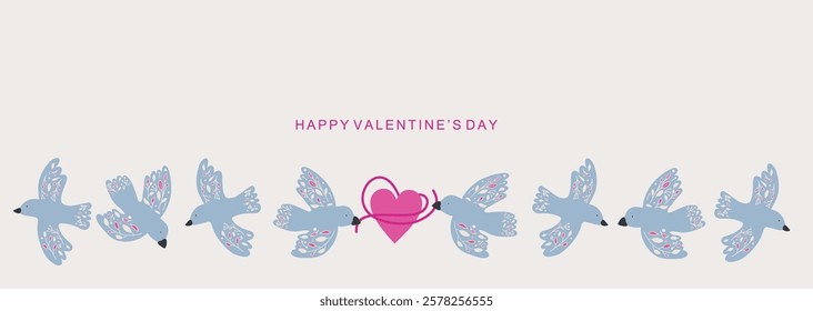 Happy Valentines Day web banner . Modern abstract art design with birds and hart. Template for celebration, ads, branding, banner, cover, label, poster, sale 