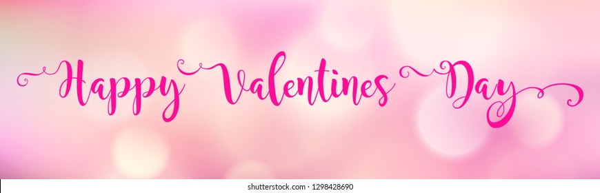 Happy Valentines Day web card, banner. Beautiful lettering calligraphy pink text with shadow typography poster. Calligraphy inscription hearts boke blurred pink background. Vector illustration