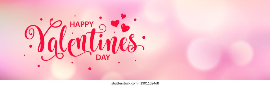 Happy Valentines Day web card, banner. Beautiful lettering calligraphy red text with heart typography poster. Calligraphy inscription boke blurred pink background. Vector illustration for website
