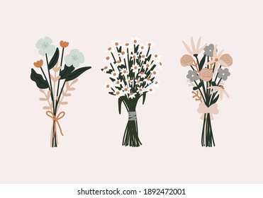 Happy valentines day Wedding blooming flower brunch bouquet with ribbon and Chamomile Flower or White Daisy with Leaves illustration. Collection set fla Vector spring and summer elements illustration.