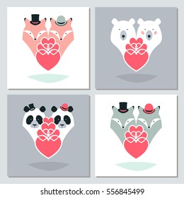 Happy Valentine's day or wedding cards set. Vector illustration. Bears. Wolfs. Foxes. Pandas. 