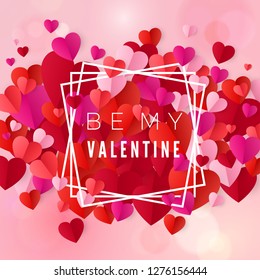Happy valentines day and wedding design elements. Greeting text in white frame on pink background with hearts. Be my Valentine greeting card. Vector illustration