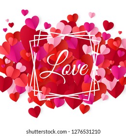 Happy valentines day and wedding design elements. Text design Love in white frame on pink background with hearts. Vector illustration isolated on white background