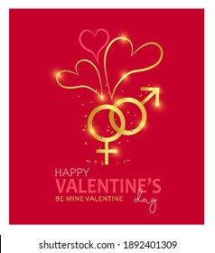Happy Valentine's Day, wedding design. Realistic 3d festive decorative objects, heart shapes and female and male symbols, glitter gold confetti. Holiday banner and poster. Vector illustration