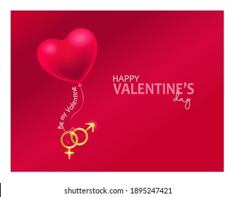 Happy Valentine's Day, wedding design. Realistic 3d festive decorative objects, heart shaped balloons and female and male symbols, glitter gold confetti. Holiday banner and poster, flyer