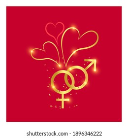 Happy Valentine's Day, wedding design. Realistic 3d festive decorative objects, heart shapes and female and male symbols, glitter gold confetti. Holiday banner and poster, flyer, stylish brochure