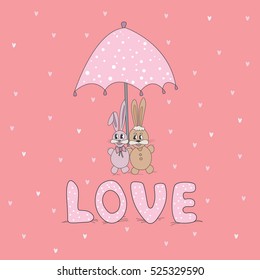 Happy valentines day and wedding design elements. Vector illustration. Pink background with hearts. Lovely rabbit. Love