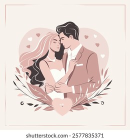 Happy Valentine's Day, Wedding Day, Family Day. Vector illustration in soft pastel colors, vintage style. Man and woman in each other's arms, symbolizing romance and tenderness. For love sites, dating