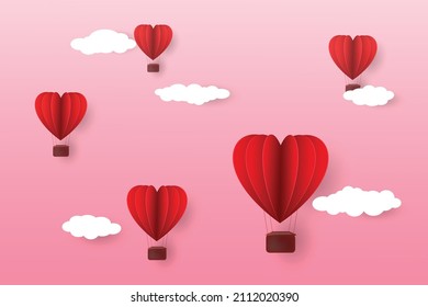 Happy Valentine's Day, wedding day, greeting card design. Holiday banner with hot air heart balloon. Paper art and digital craft style illustration
