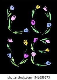 Happy Valentine's day, wedding, love greeting card. Love you lettering with tulips hand drawn.