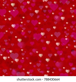 Happy Valentines Day or wedding theme. Seamless pattern. A lot of hearts scattered on a red background. Vector illustration.