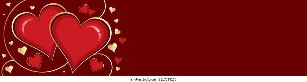 Happy Valentines Day or happy wedding day vector banner with hand drawn 3d heaкts on red background